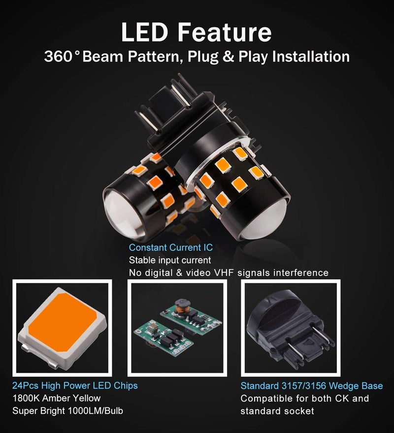 BRISHINE 4-Pack Super Bright 3157 3156 3057 4057 4157 LED Bulbs Amber Yellow 9-30V Non-Polarity 24-SMD LED Chipsets with Projector for Turn Signal Lights, Side Marker Lights - Image 3